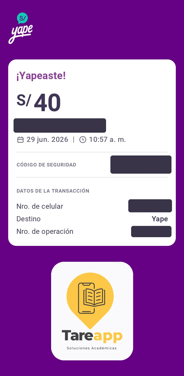 Comprobante de pago real (S/ 40) de un estudiante que trabajó con Tareapp Perú