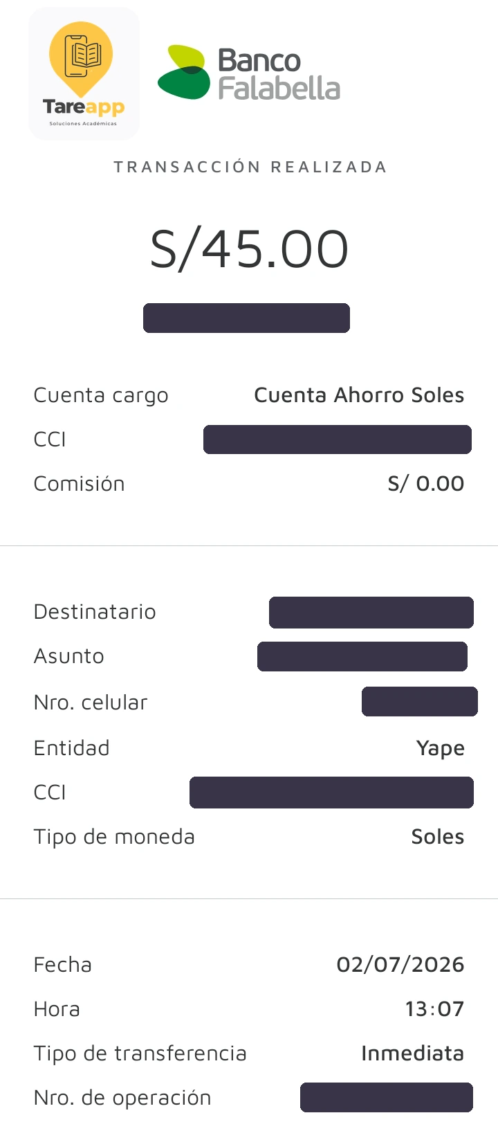 Comprobante de pago real (S/ 45.00) de un estudiante que trabajó con Tareapp Perú