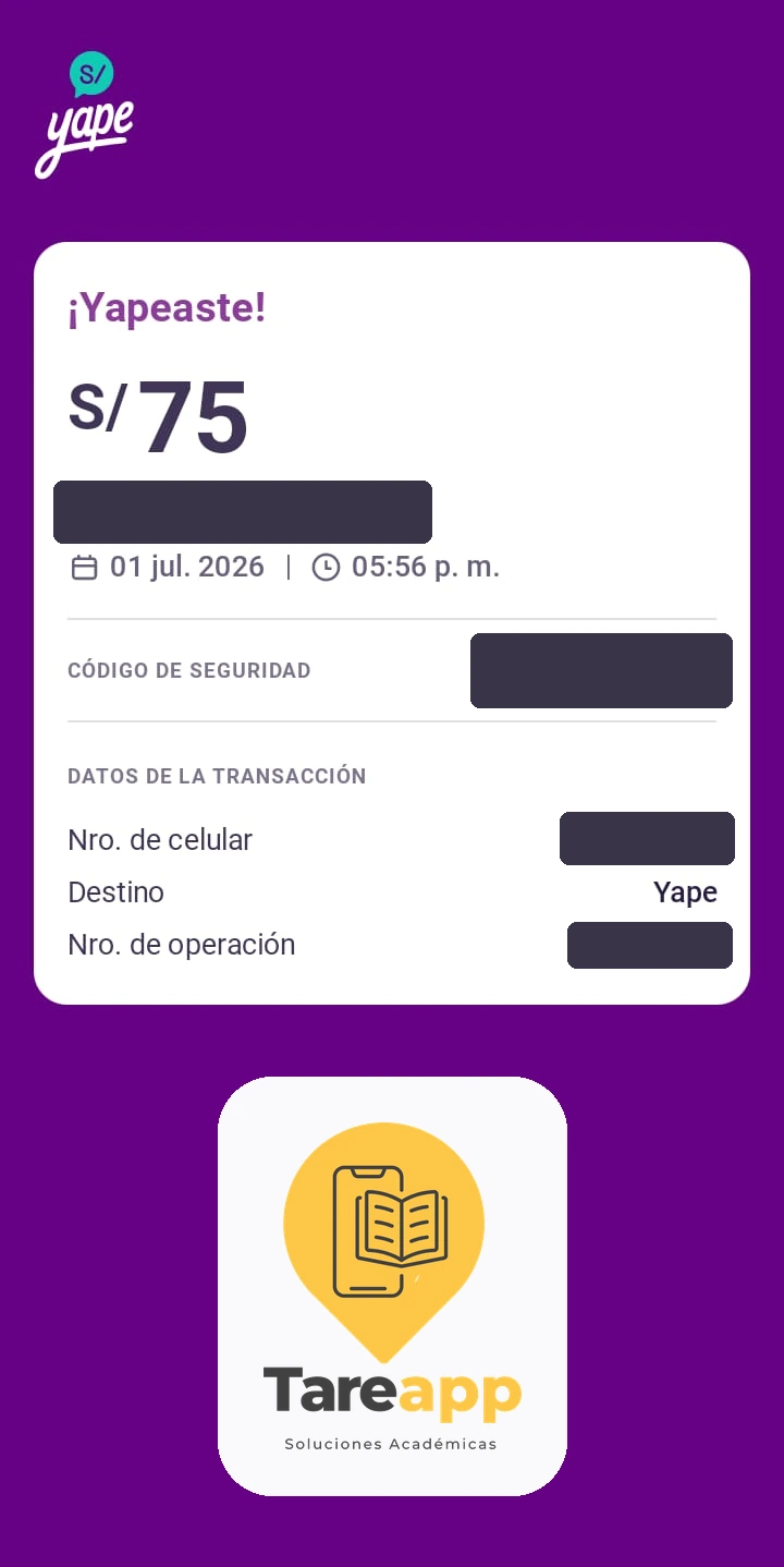 Comprobante de pago real (S/ 75) de un estudiante que trabajó con Tareapp Perú