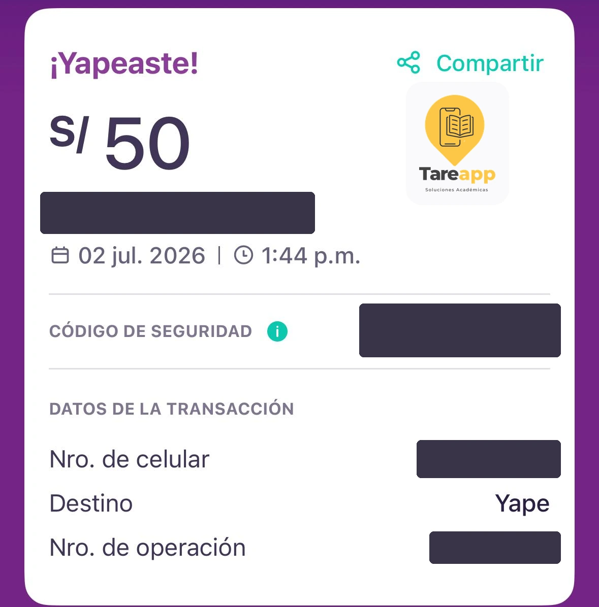 Comprobante de pago real (S/ 50) de un estudiante que trabajó con Tareapp Perú